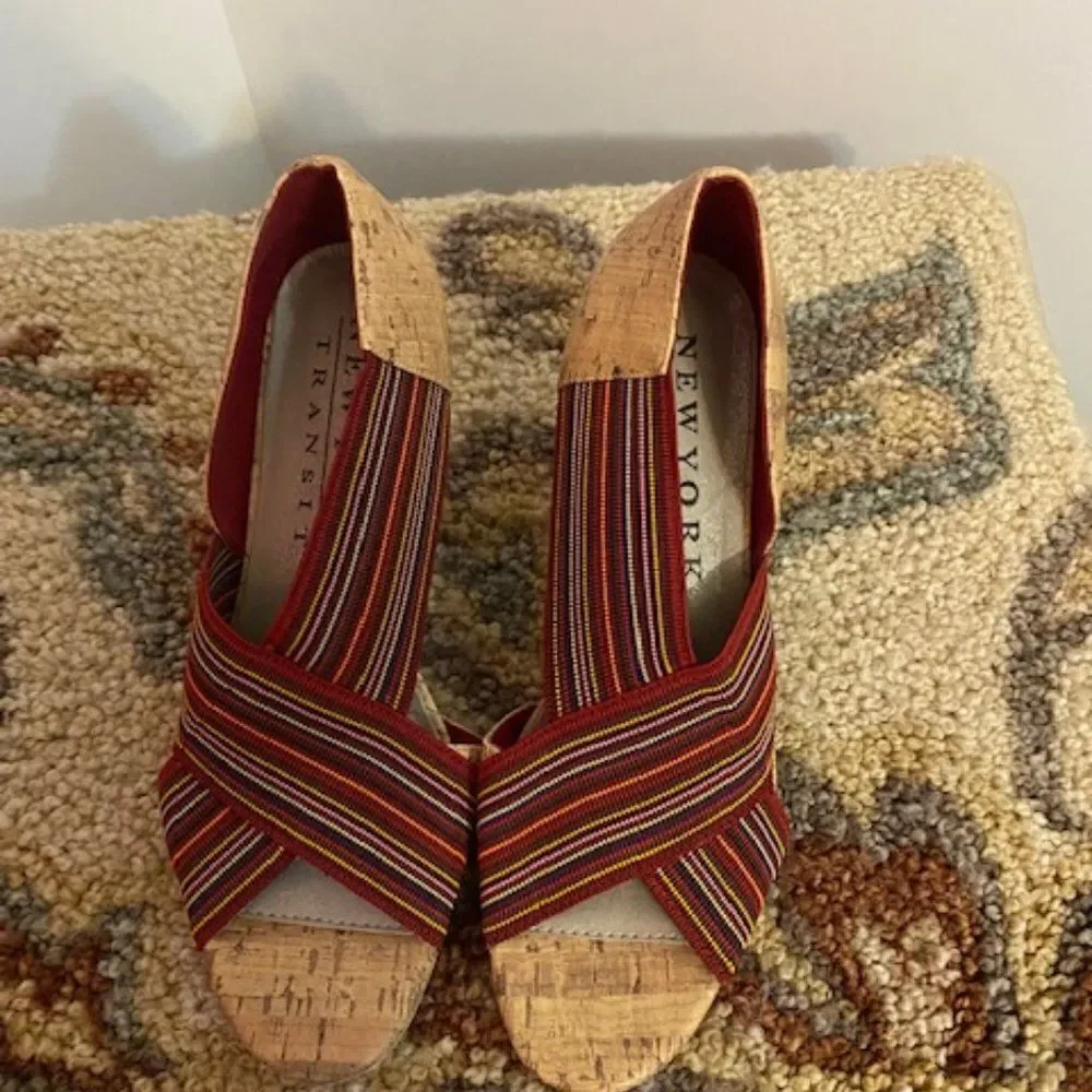 New York Transit cork look heels with multi-color elastic straps, size 10M